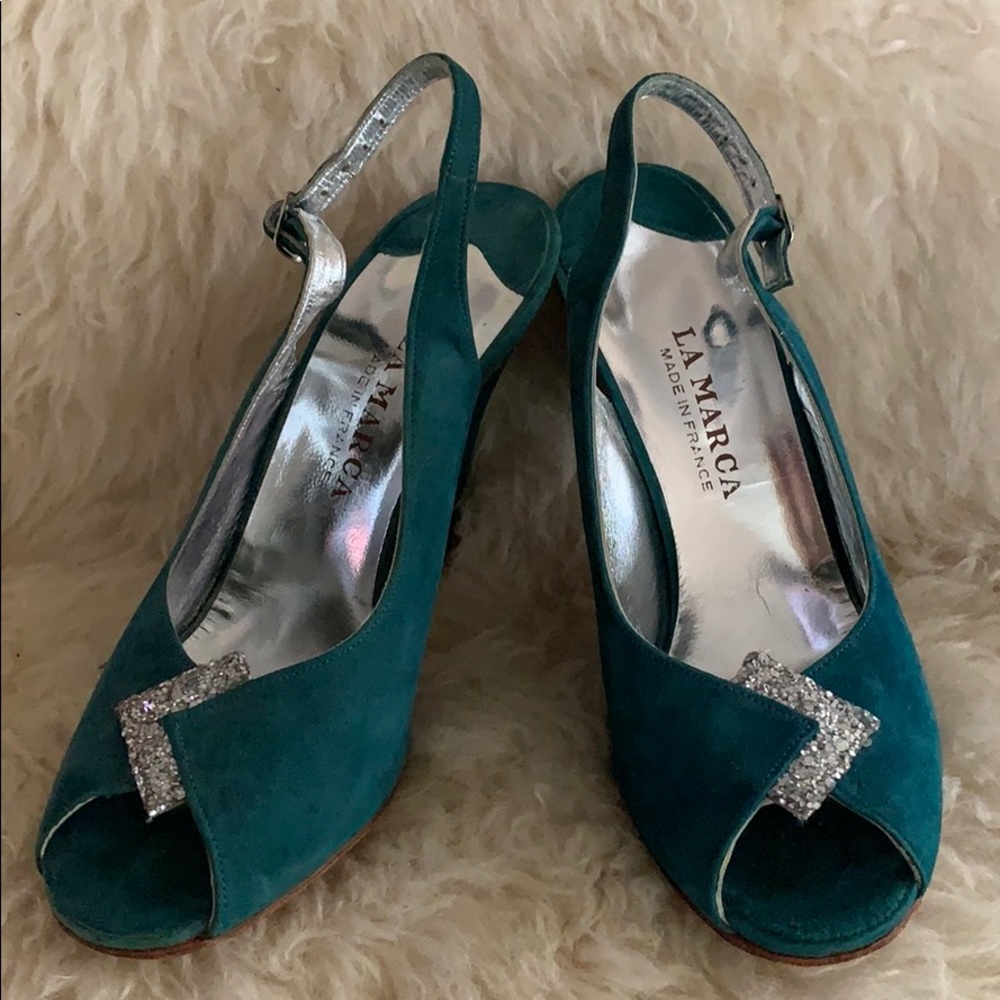 beautiful suede and silver glitter sling back